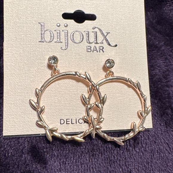 Bisjoux Rose Gold Leaf Hoop Earrings with Clear Crystal Studs - Picture 2 of 5